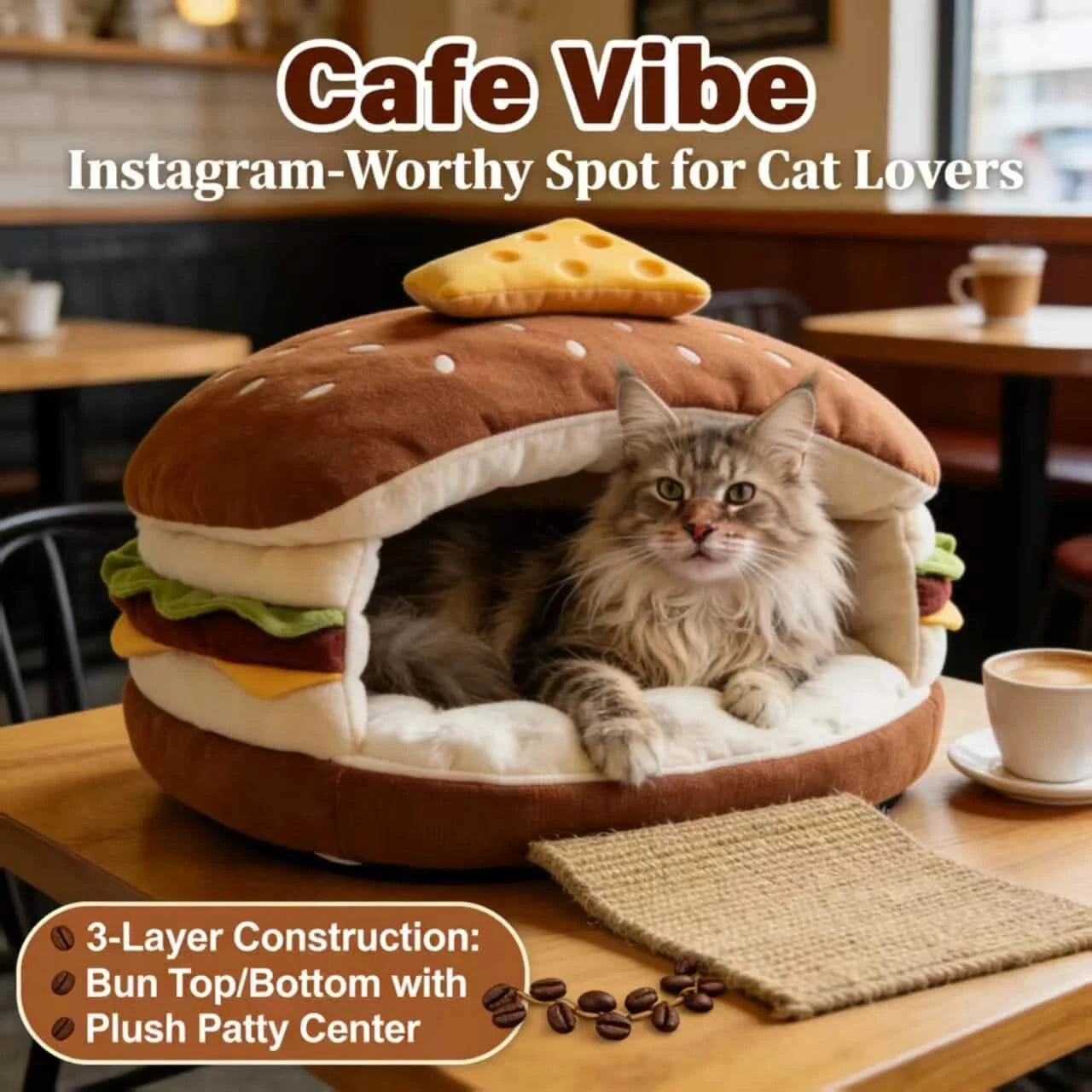 Novelty Hideaway Cat Bed, Hamburger Shape, Non-Toxic Fabric, Retro Decor Fit