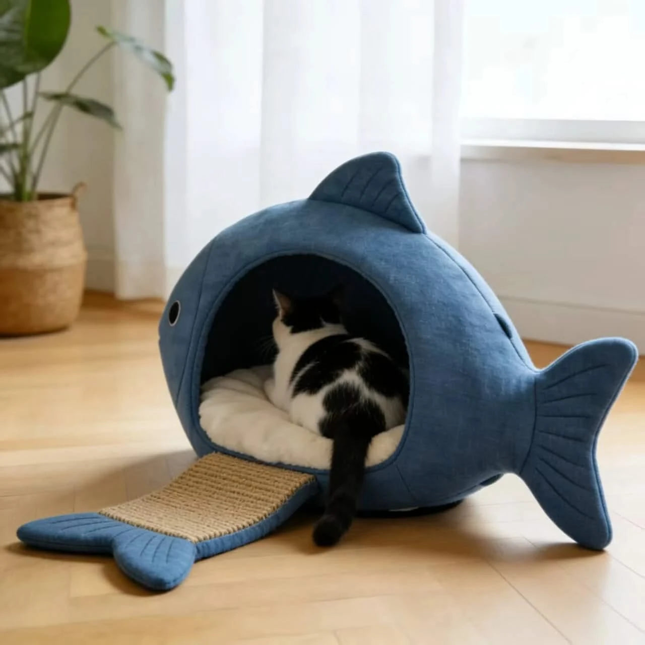 Sunlit Pet Bed for Cats, Shark Shape, Plush Fabric, Blue/White, Morning Nap Perch, All-Season