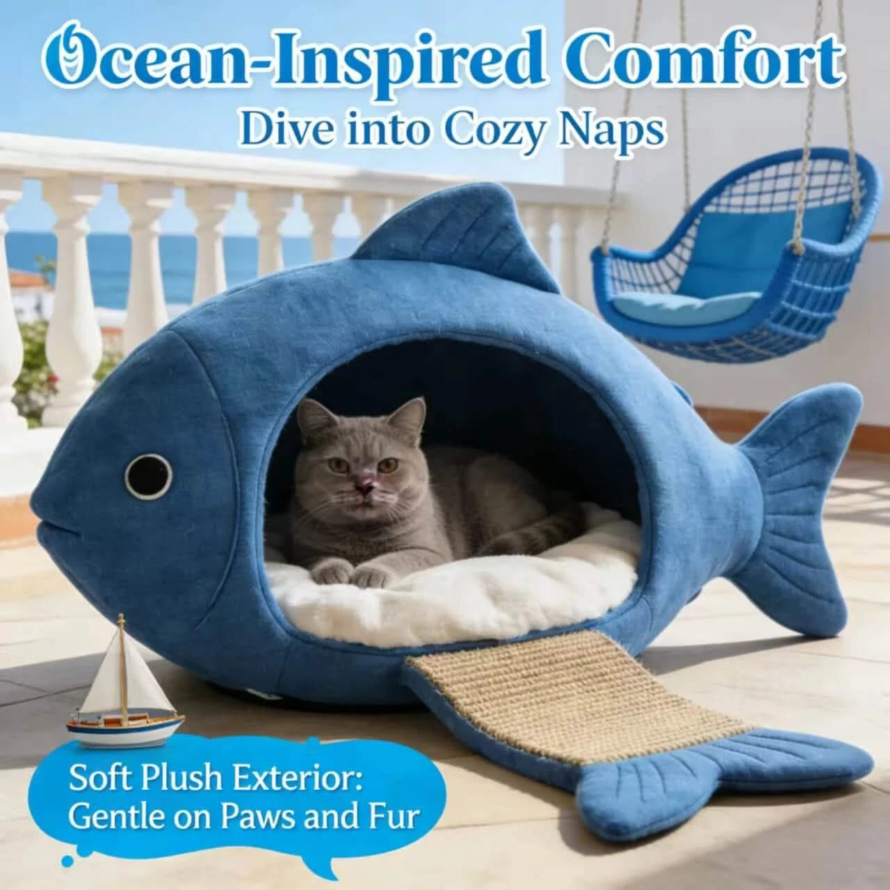 Sunlit Pet Bed for Cats, Shark Shape, Plush Fabric, Blue/White, Morning Nap Perch, All-Season