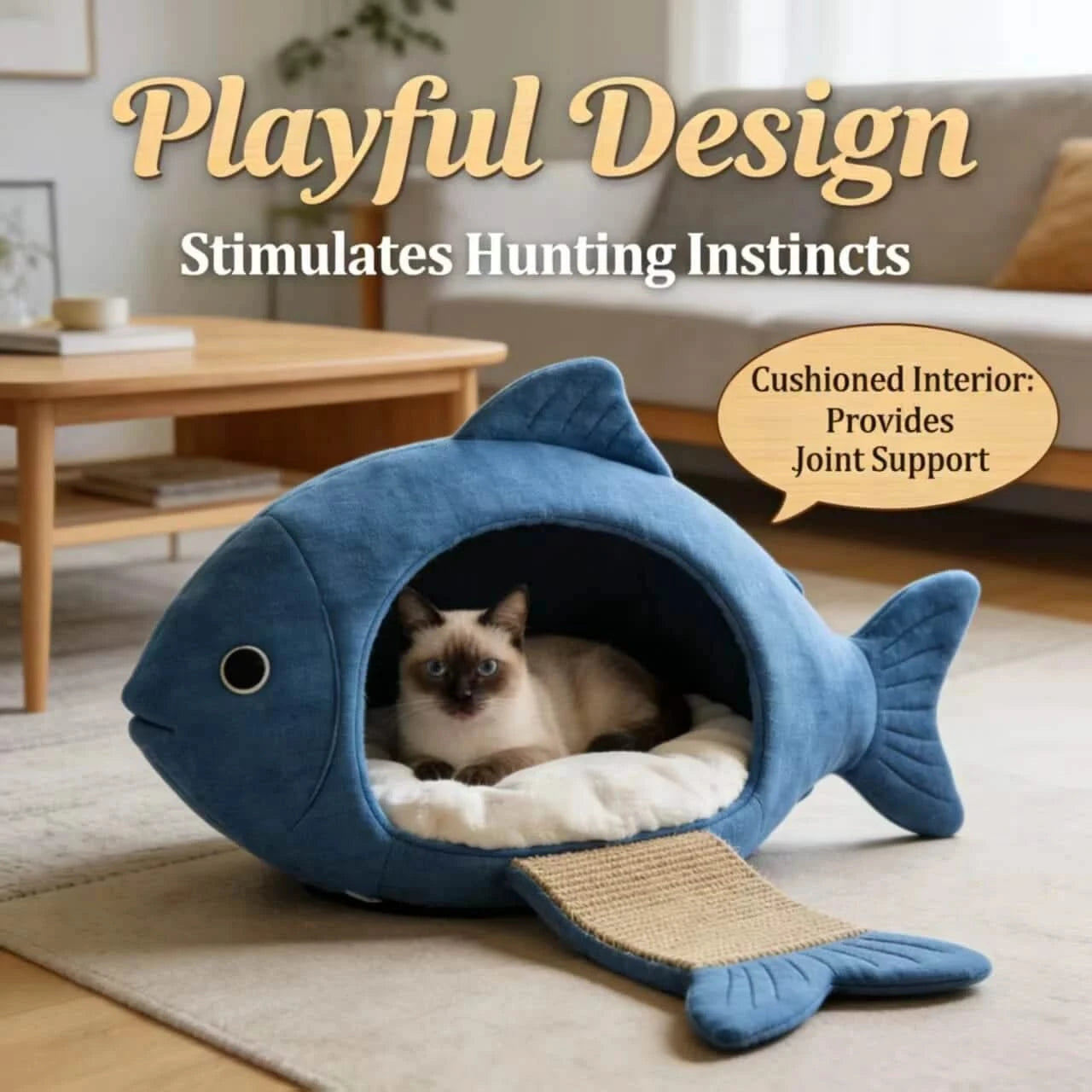 Sunlit Pet Bed for Cats, Shark Shape, Plush Fabric, Blue/White, Morning Nap Perch, All-Season