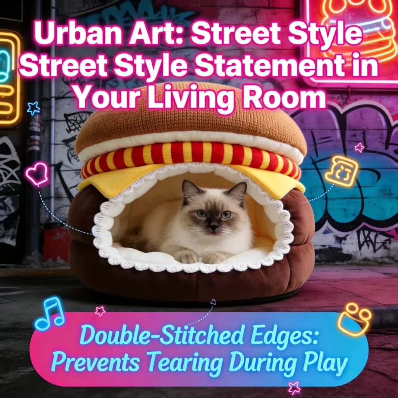 Countertop Cat Bed, Burger Design Cave, Food-Safe Plush, Non-Toxic Material