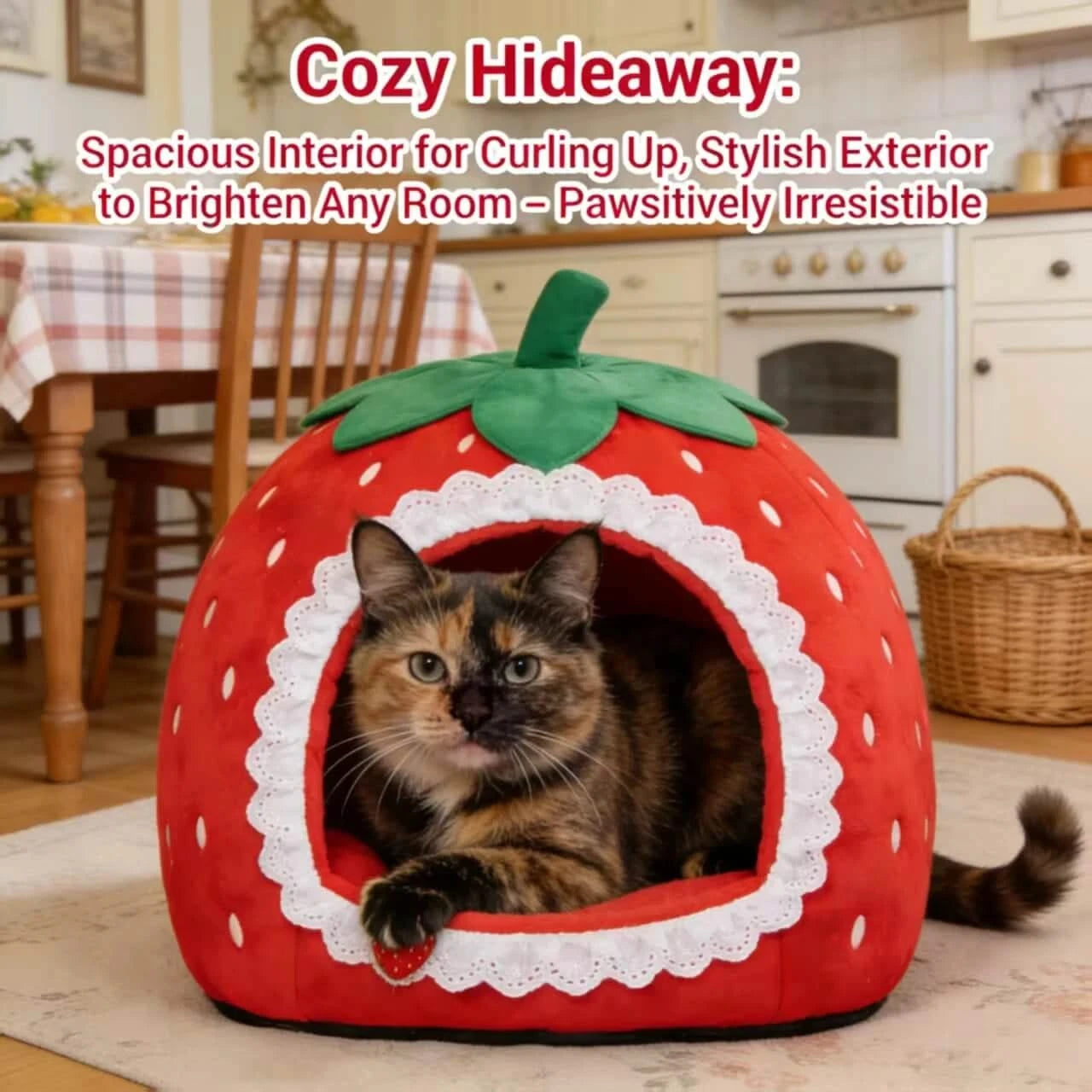 Ultra-Soft Pet Bed for Cats, Strawberry Shape, Fleece Lining, Lace Trim, Red, All-Season