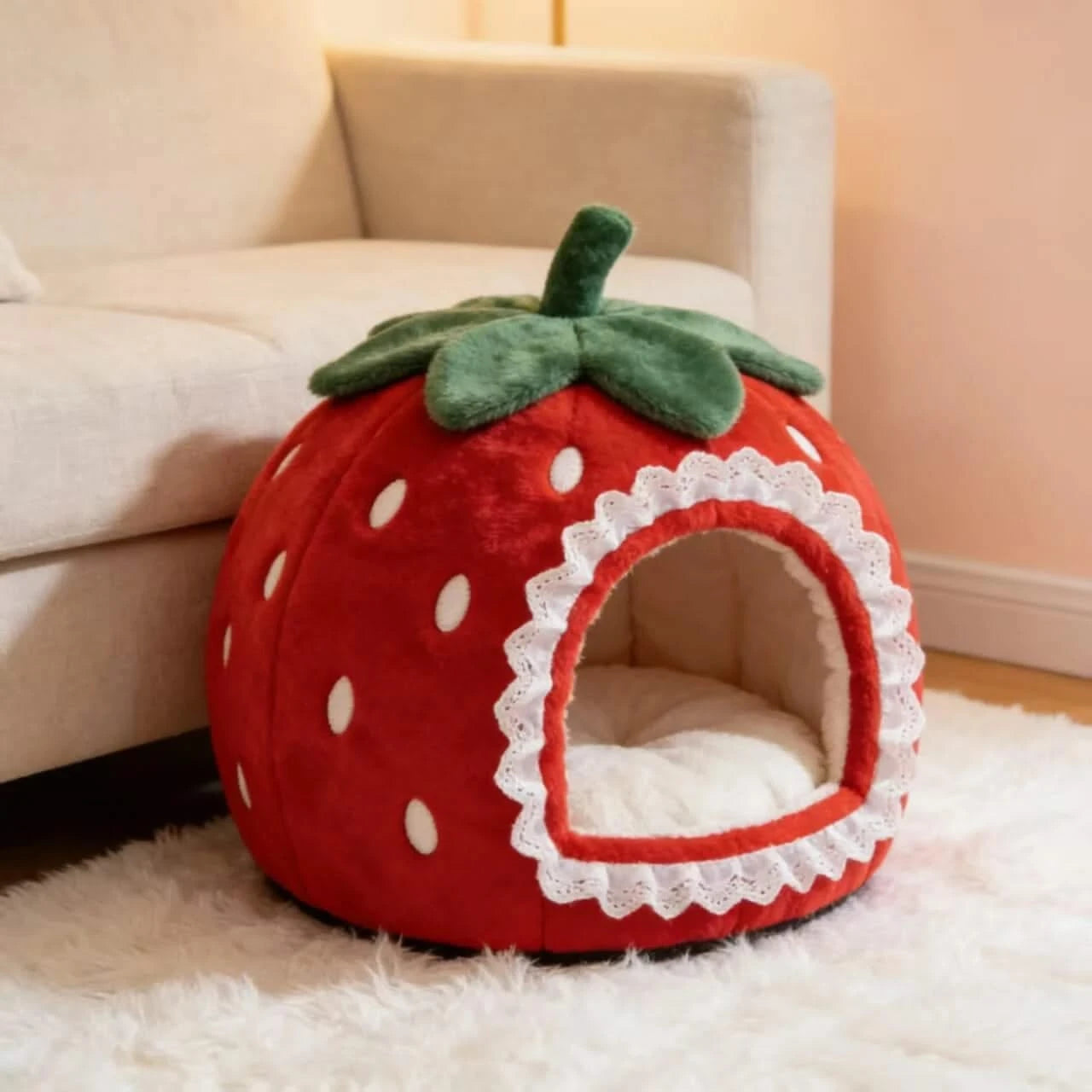 Ultra-Soft Pet Bed for Cats, Strawberry Shape, Fleece Lining, Lace Trim, Red, All-Season