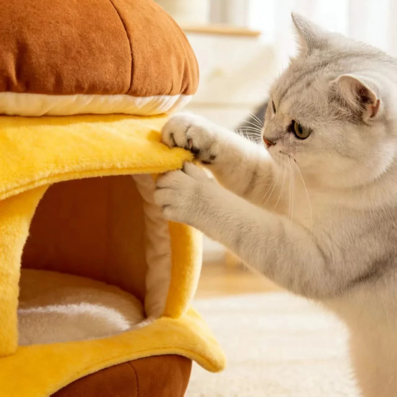 Cozy Cat Bed, Burger with Cheese Design, Soft Plush, Brown/Yellow, Cheesy Nook, All-Season