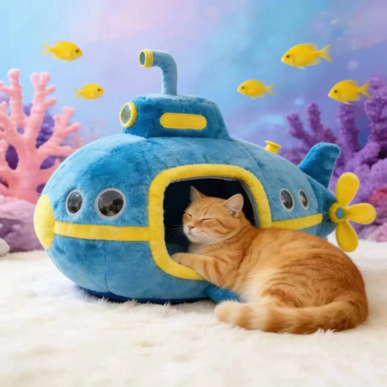 Dreamy Cat Bed, Submarine Shape, Warm Lining, Blue & Yellow, Underwater Themed
