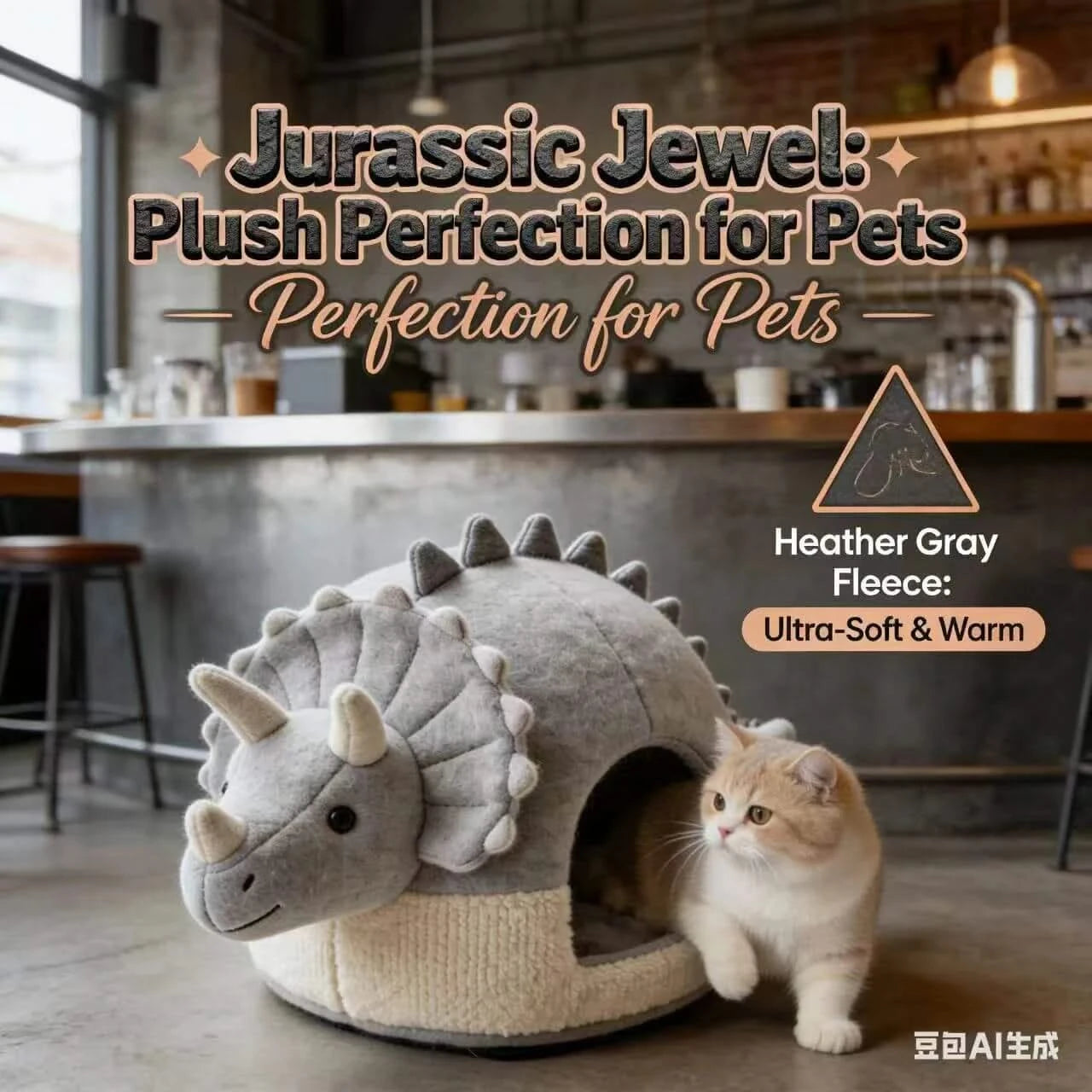 Deluxe Cat Bed, Dinosaur Cave Design, Non-Slip Base, Plush Fabric, Gray & White
