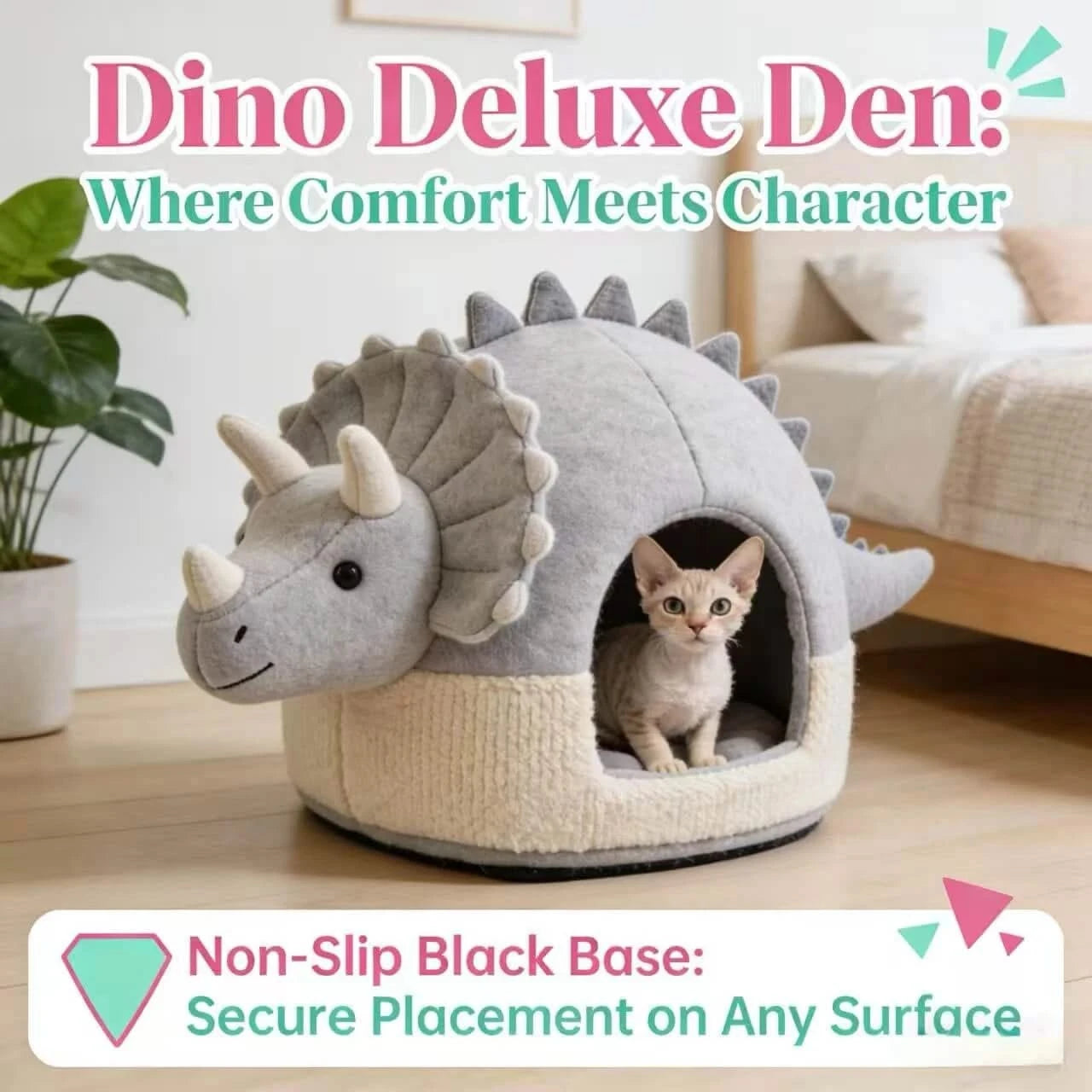 Deluxe Cat Bed, Dinosaur Cave Design, Non-Slip Base, Plush Fabric, Gray & White