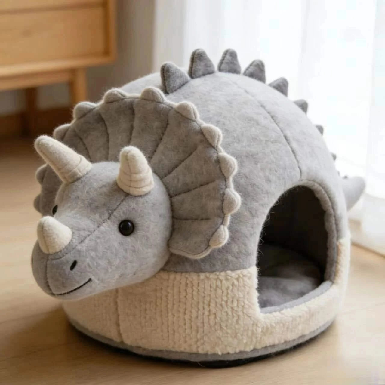 Deluxe Cat Bed, Dinosaur Cave Design, Non-Slip Base, Plush Fabric, Gray & White