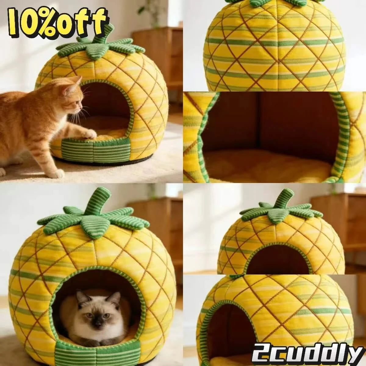 Tropical Cat Bed, Pineapple Fruit Design, Orthopedic Cushion, Yellow, Breathable Nest
