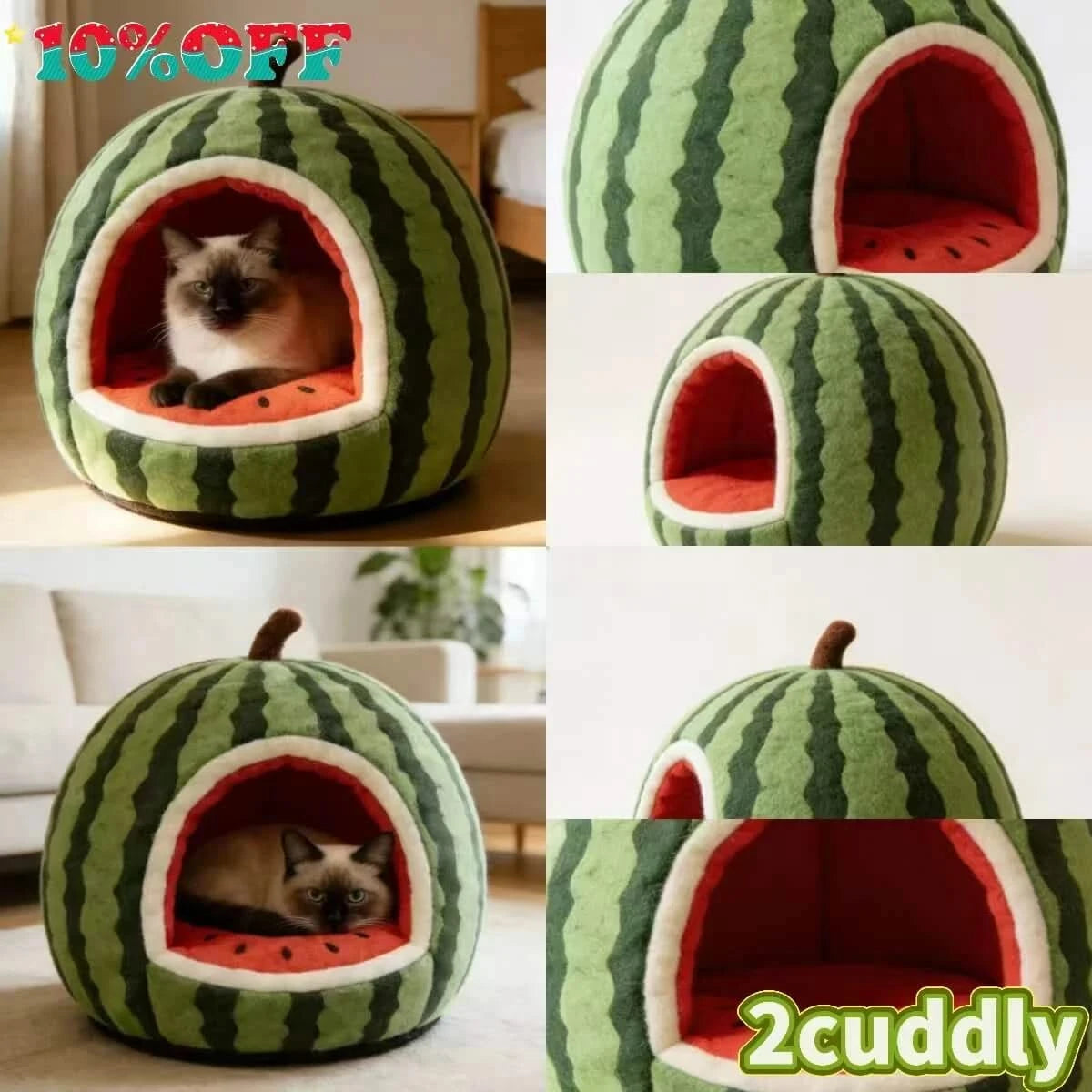 Refreshing Cat Bed, Full Watermelon Design, Soft Plush, Green, Cooling Nest Cave