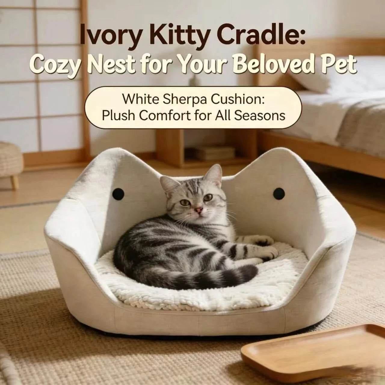 Modern Cat Bed, Feline-Shaped Den, Plush Interior, Neutral White, Stylish Home Fit