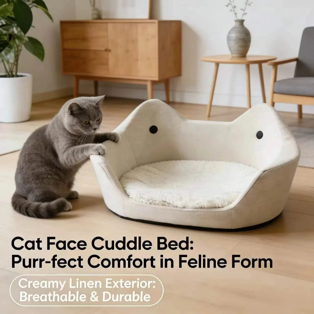 Modern Cat Bed, Feline-Shaped Den, Plush Interior, Neutral White, Stylish Home Fit