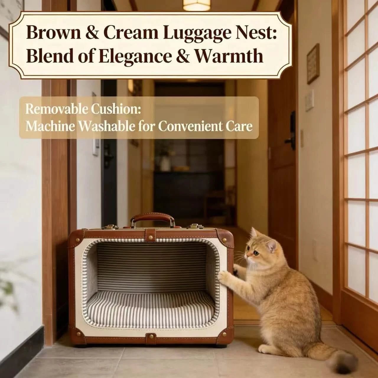 Vintage Decorative Pet Bed for Cats & Dogs, Suitcase Shape, Faux Leather & Striped Fabric