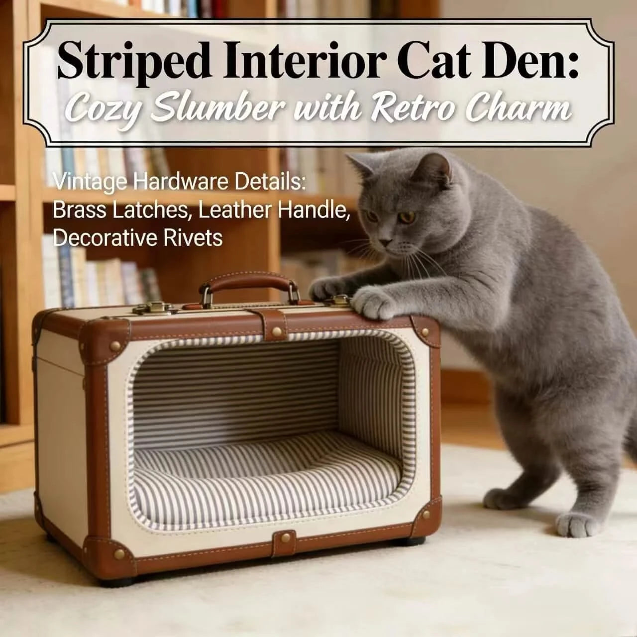 Vintage Decorative Pet Bed for Cats & Dogs, Suitcase Shape, Faux Leather & Striped Fabric