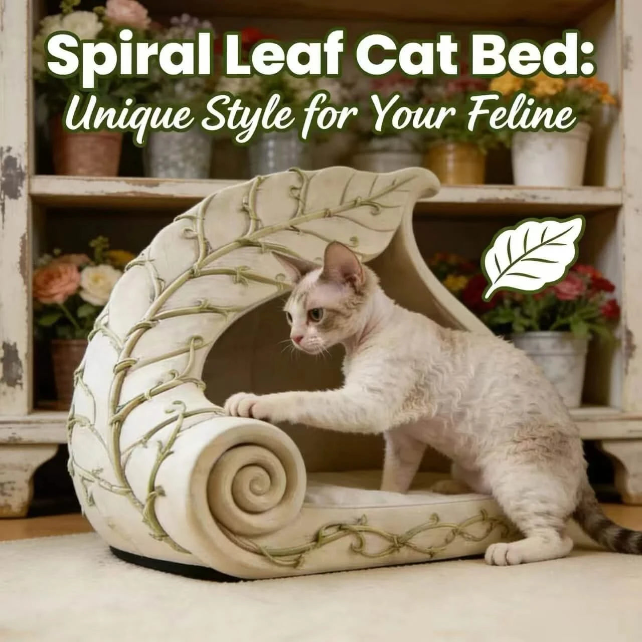 Unique Style Pet Bed for Cats, Spiral Leaf Shape, Plush Fabric, White/Beige, All-Season