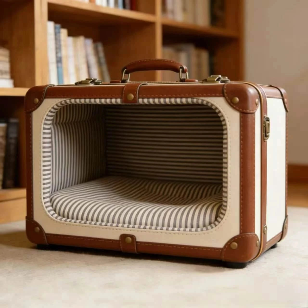 Vintage Decorative Pet Bed for Cats & Dogs, Suitcase Shape, Faux Leather & Striped Fabric