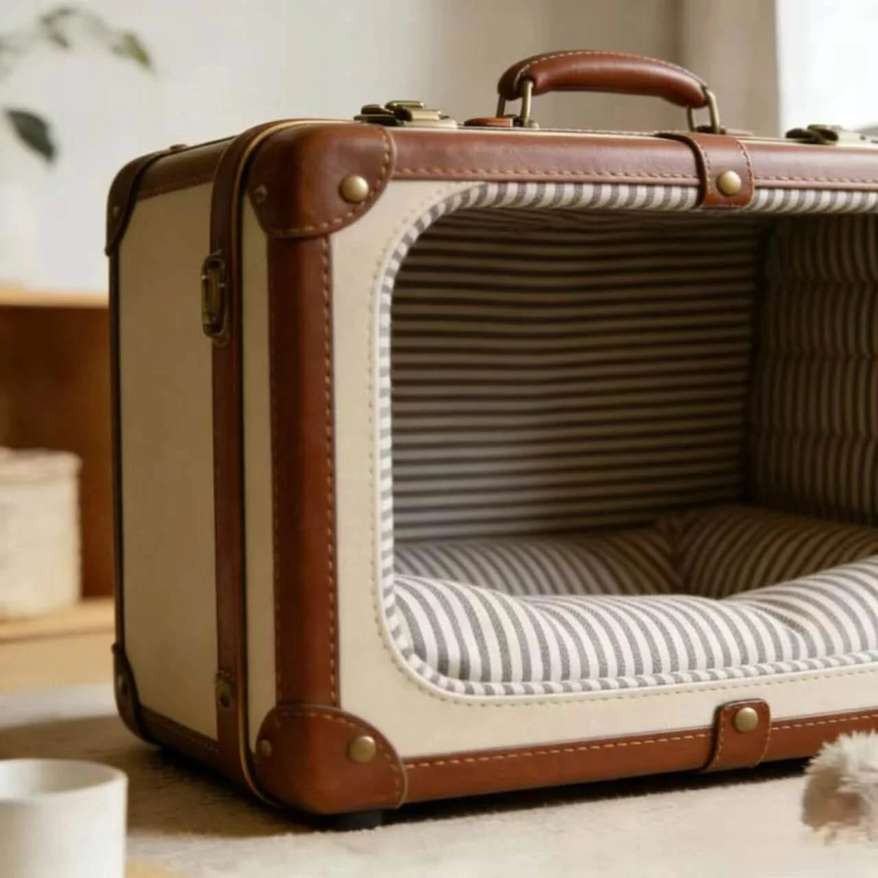 Vintage Decorative Pet Bed for Cats & Dogs, Suitcase Shape, Faux Leather & Striped Fabric