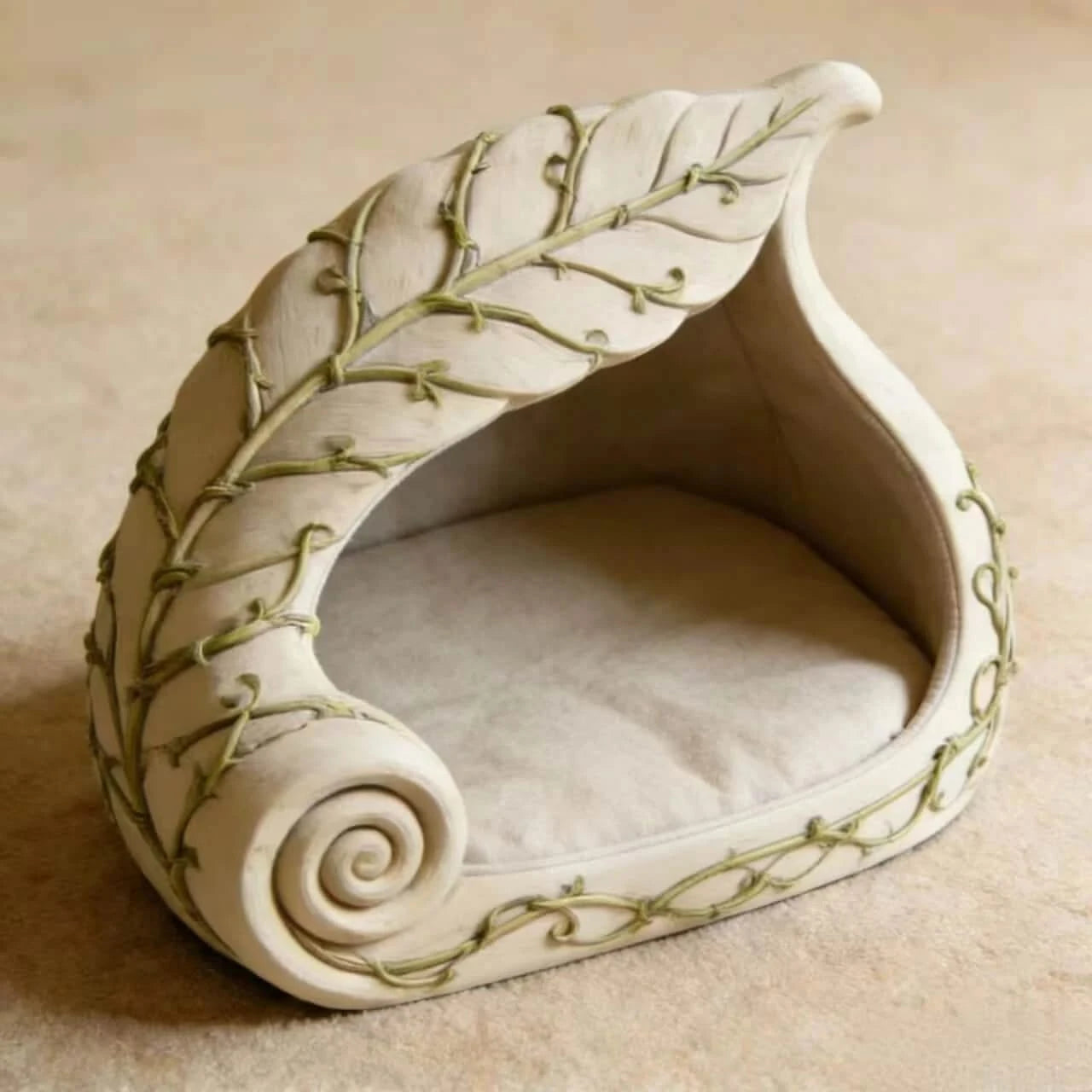 Unique Style Pet Bed for Cats, Spiral Leaf Shape, Plush Fabric, White/Beige, All-Season