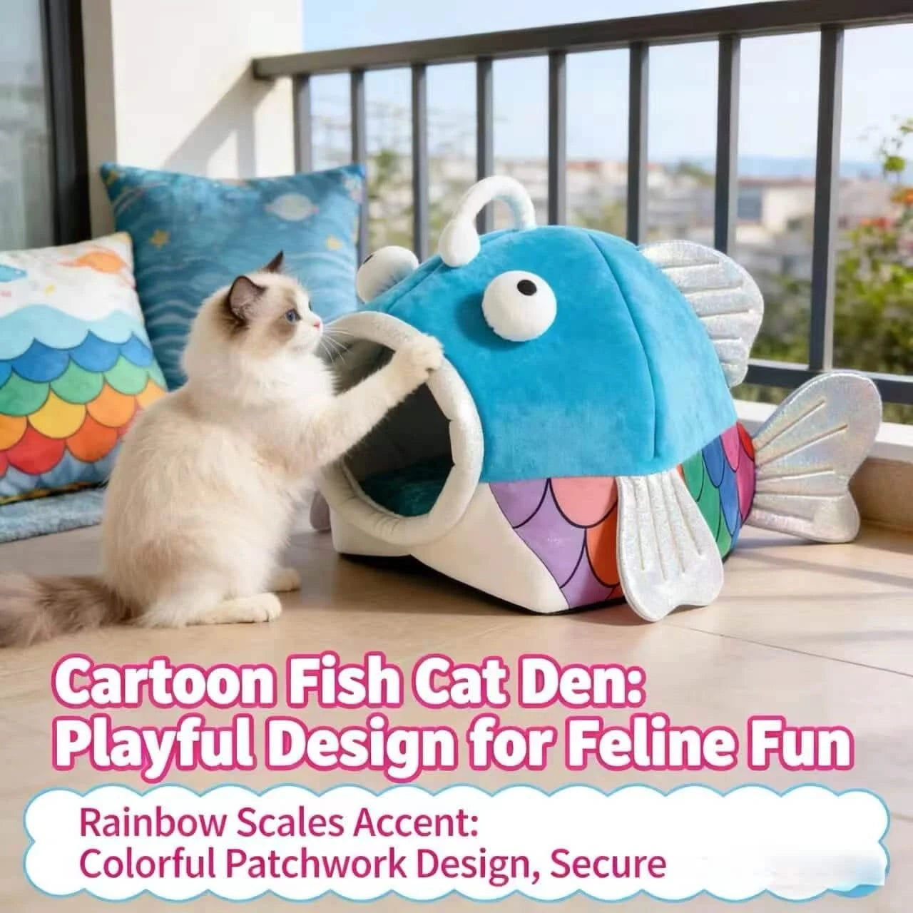 Cat Bed, Clownfish Shape, Comfortable Plush, Blue/White, Pet-Safe Material, All-Season