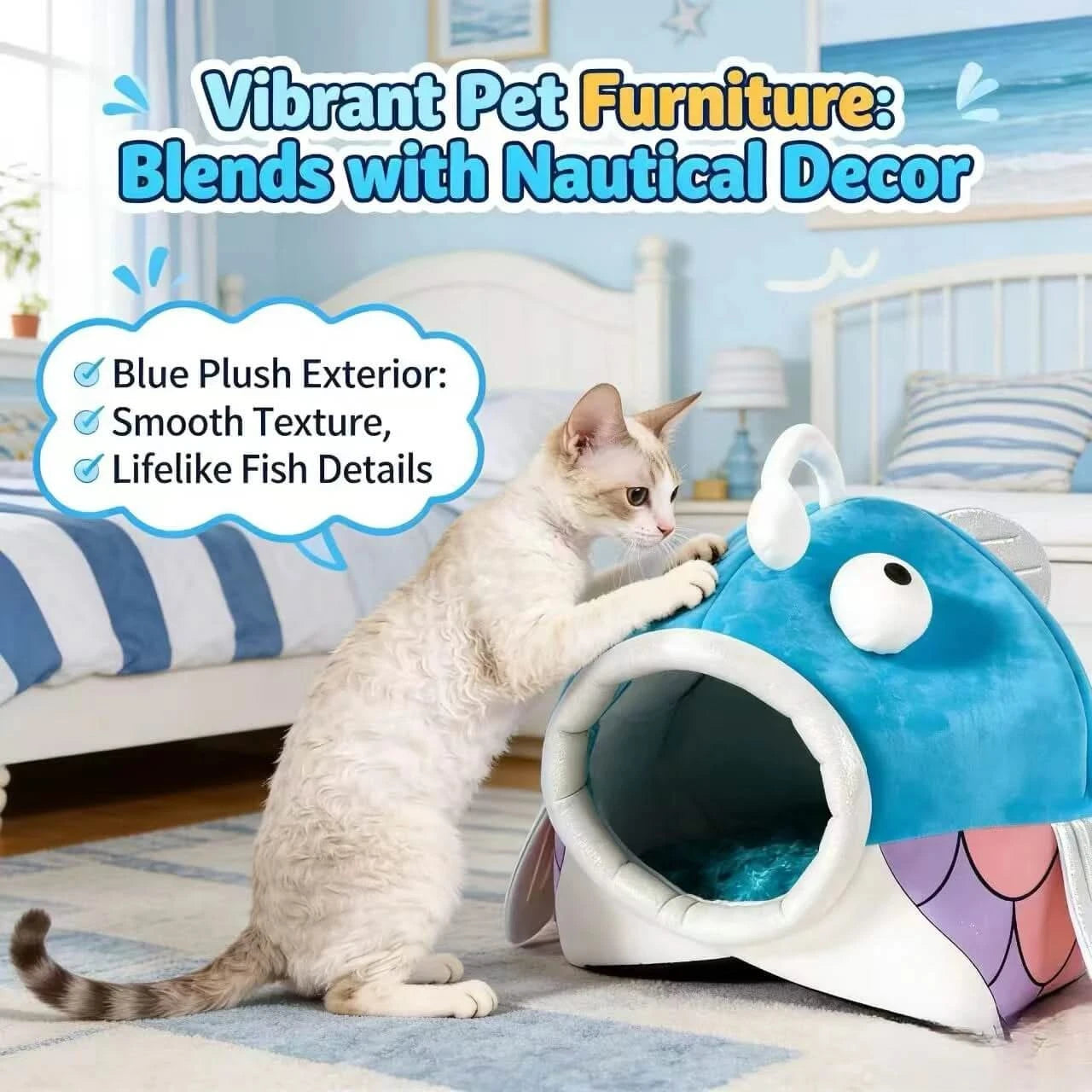 Cat Bed, Clownfish Shape, Comfortable Plush, Blue/White, Pet-Safe Material, All-Season
