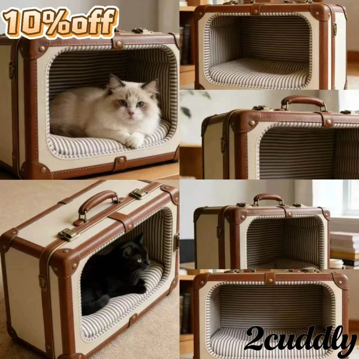 Vintage Decorative Pet Bed for Cats & Dogs, Suitcase Shape, Faux Leather & Striped Fabric