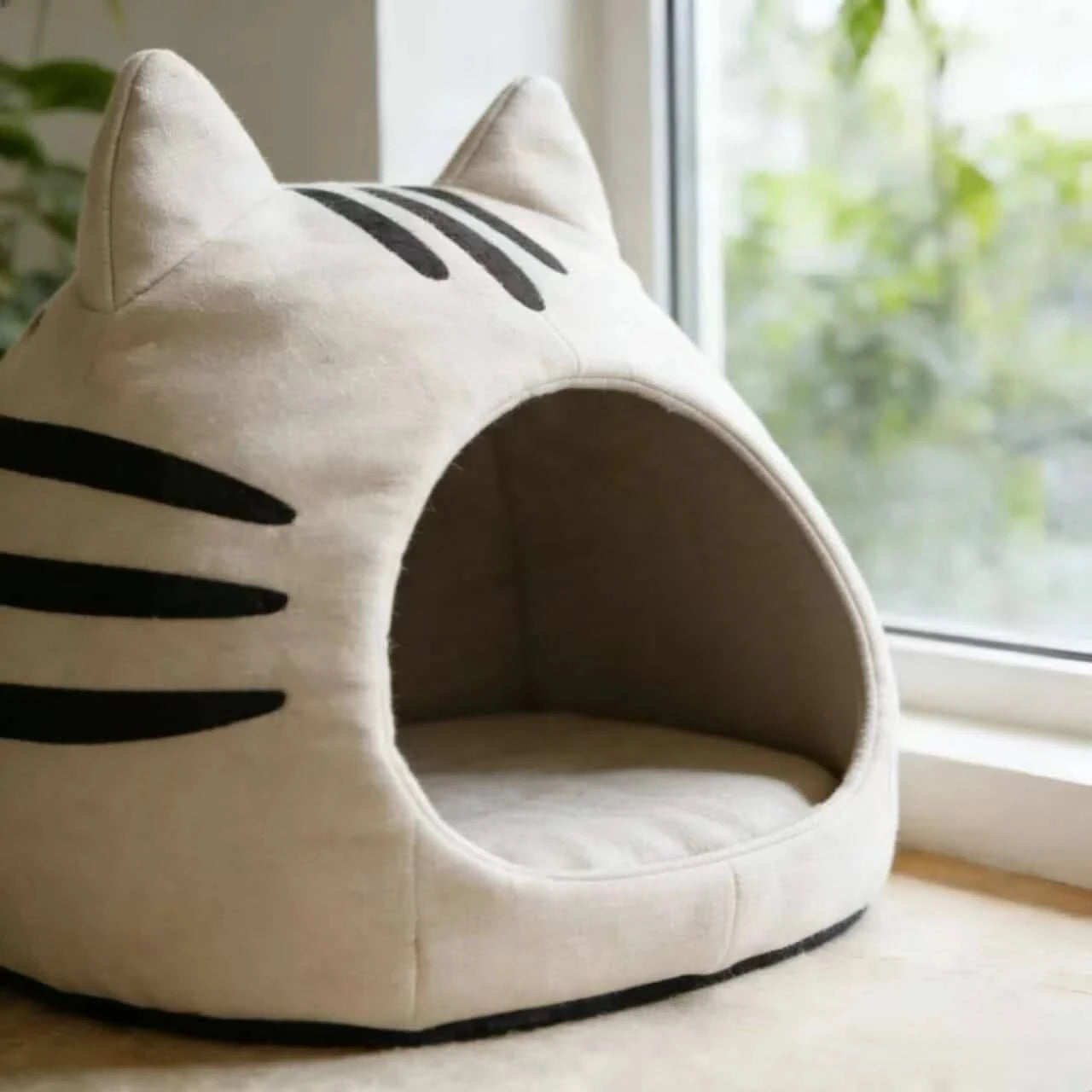 Cozy Pet Bed for Cats, Cat Ear Cave Design, Soft Fabric, White & Black Stripe, All-Season