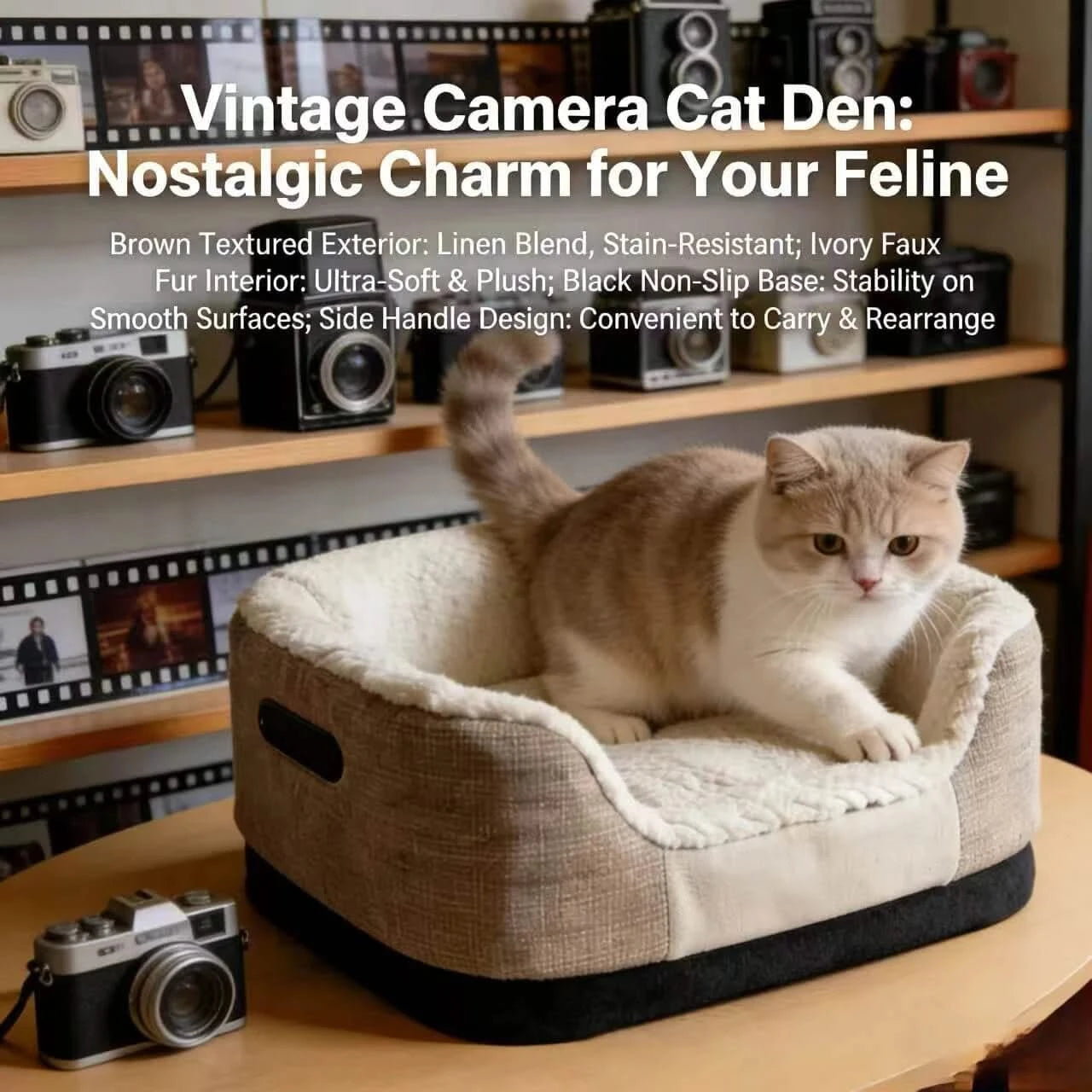Portable Cat Bed, Vintage Camera Shape, Stain-Resistant Linen, Plush Interior, Non-Slip