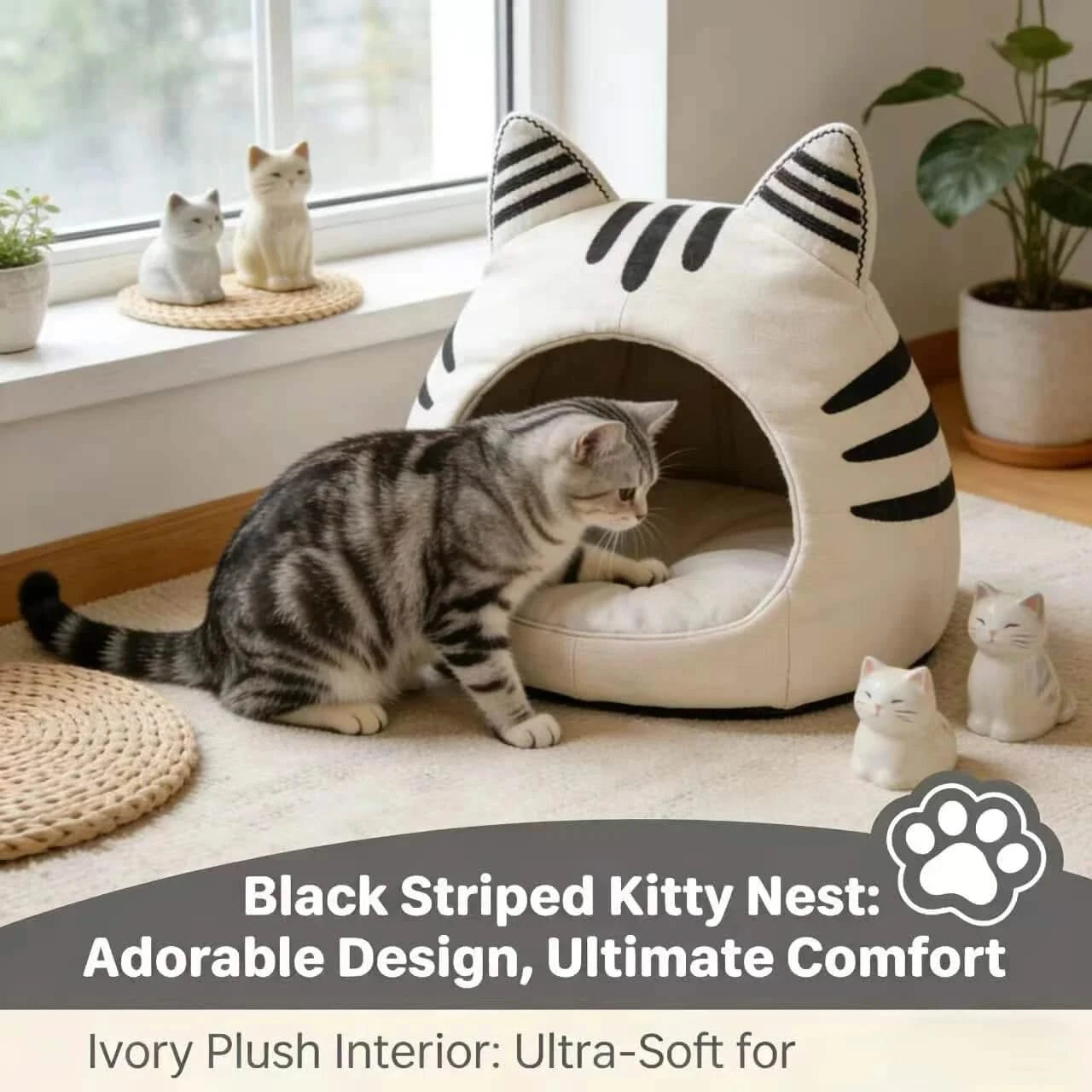 Cozy Pet Bed for Cats, Cat Ear Cave Design, Soft Fabric, White & Black Stripe, All-Season