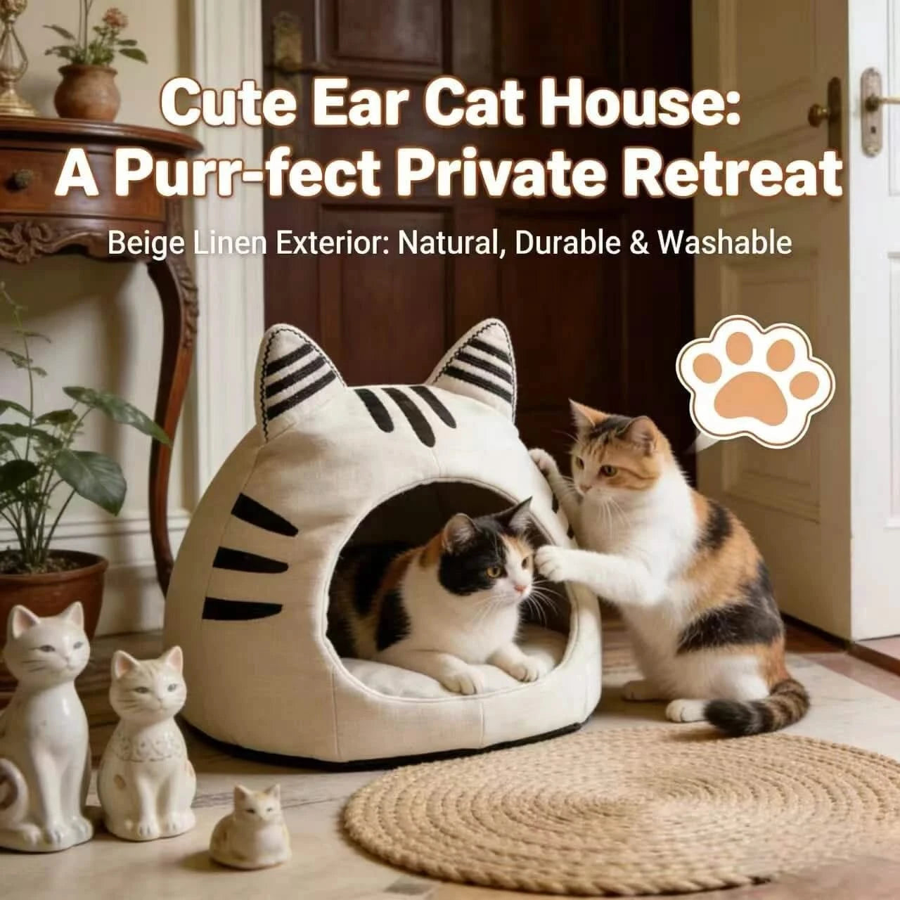 Cozy Pet Bed for Cats, Cat Ear Cave Design, Soft Fabric, White & Black Stripe, All-Season