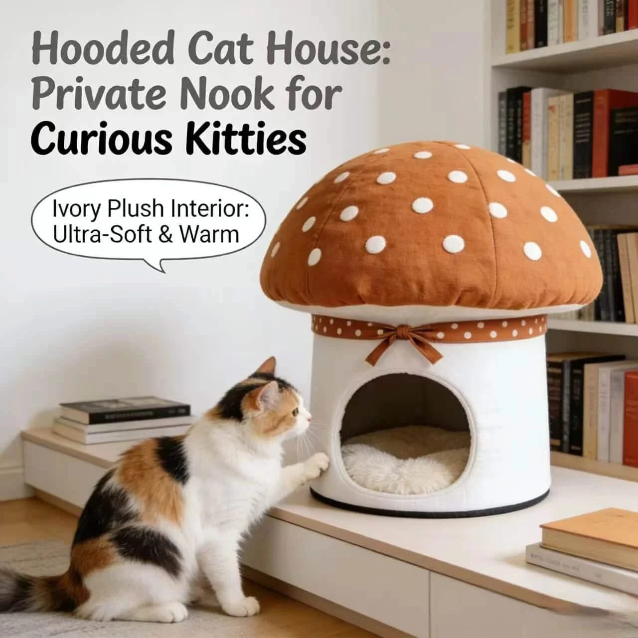 Adorable Cat Bed, Fungal Mushroom Style, Cotton Body, Breathable Fabric, Brown/White