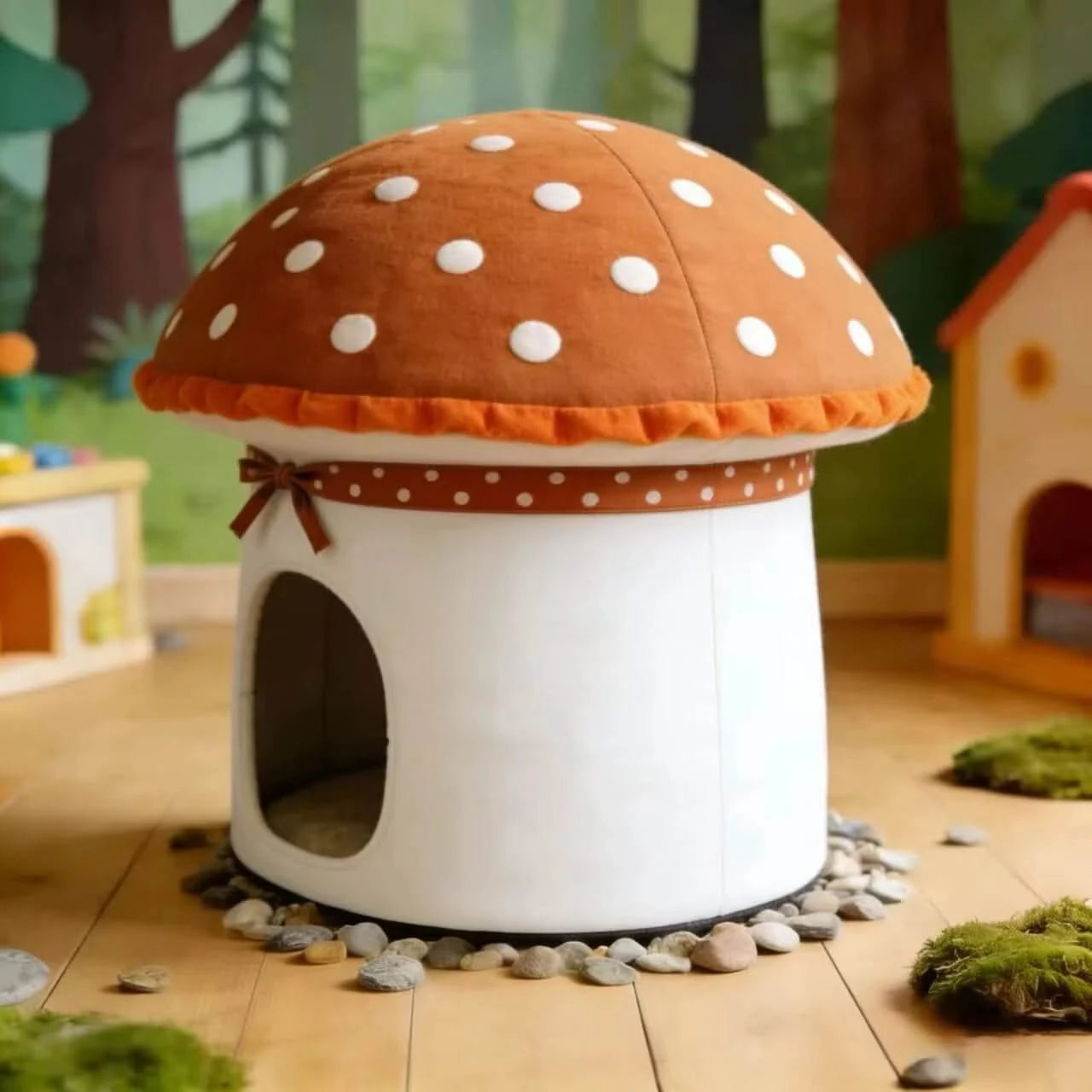 Adorable Cat Bed, Fungal Mushroom Style, Cotton Body, Breathable Fabric, Brown/White