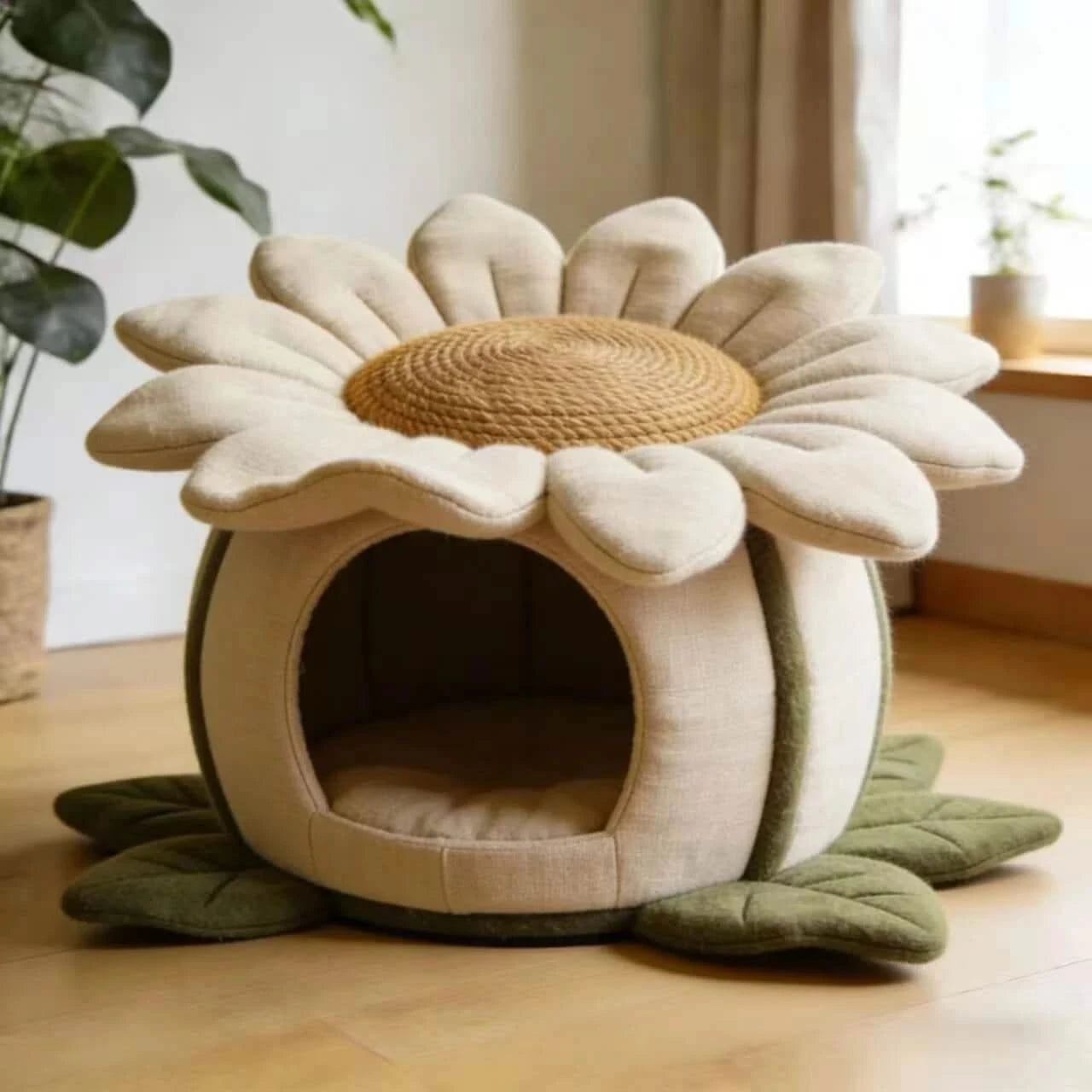 Privacy Pet Bed for Indoor Cats, Sunflower Shape, Non-Slip Base