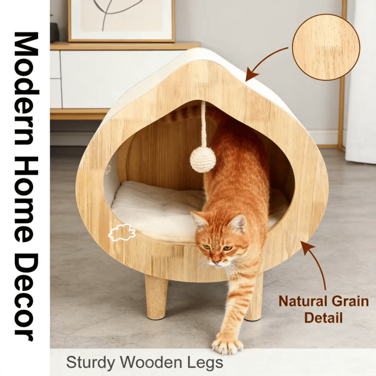 Dual-Use Cat Bed, Scratching Post Integrated, Sisal Surface, Non-Toxic, Natural Wood