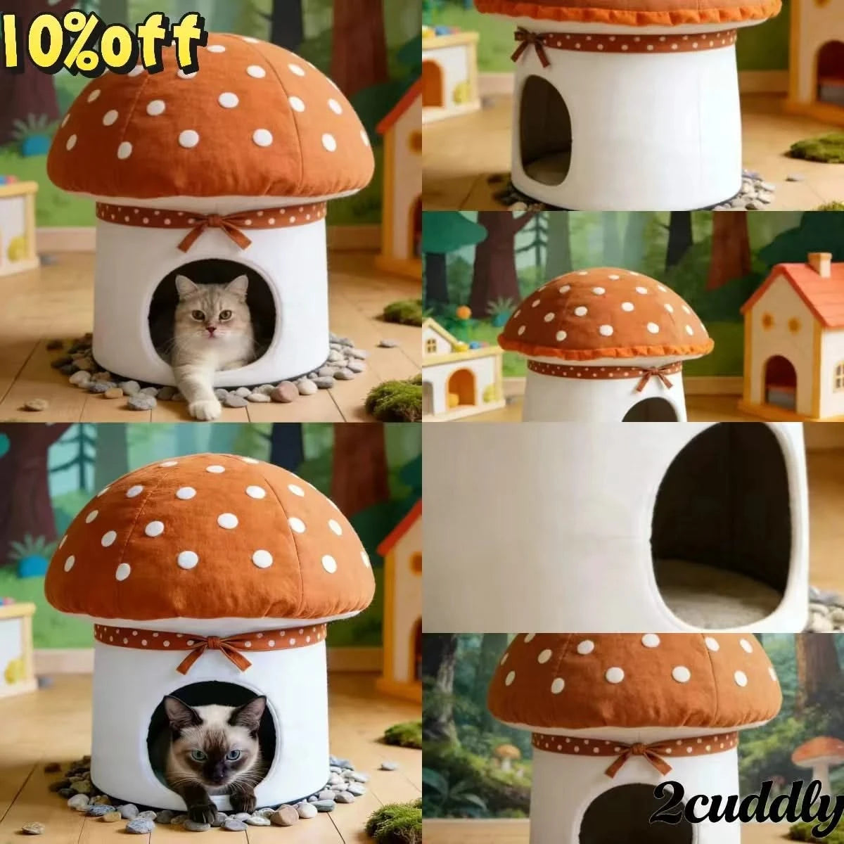 Adorable Cat Bed, Fungal Mushroom Style, Cotton Body, Breathable Fabric, Brown/White