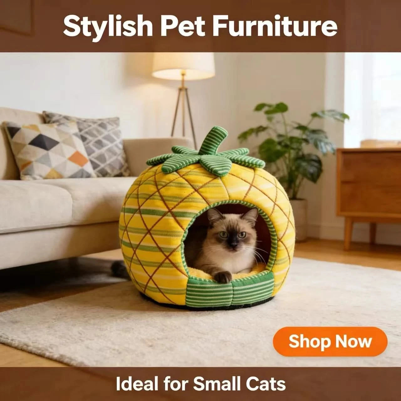 Tropical Cat Bed, Pineapple Fruit Design, Orthopedic Cushion, Yellow, Breathable Nest
