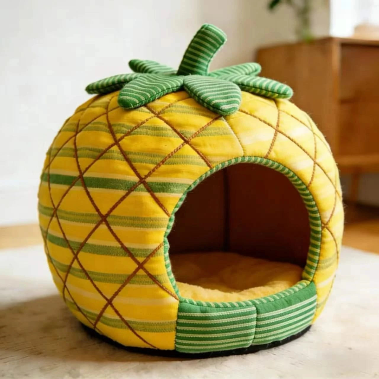 Tropical Cat Bed, Pineapple Fruit Design, Orthopedic Cushion, Yellow, Breathable Nest