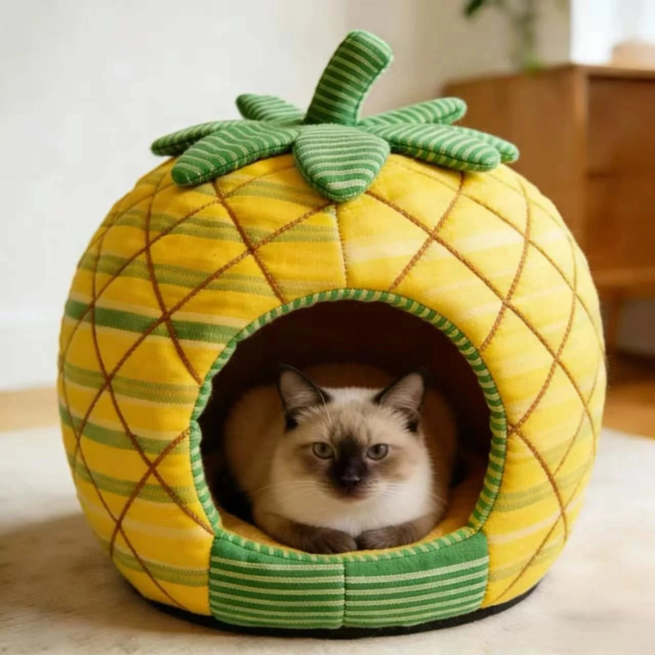 Tropical Cat Bed, Pineapple Fruit Design, Orthopedic Cushion, Yellow, Breathable Nest
