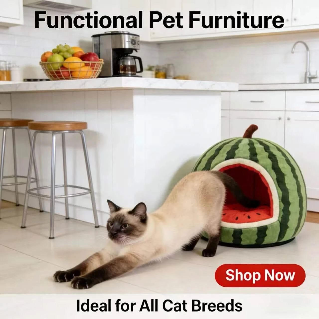 Refreshing Cat Bed, Full Watermelon Design, Soft Plush, Green, Cooling Nest Cave