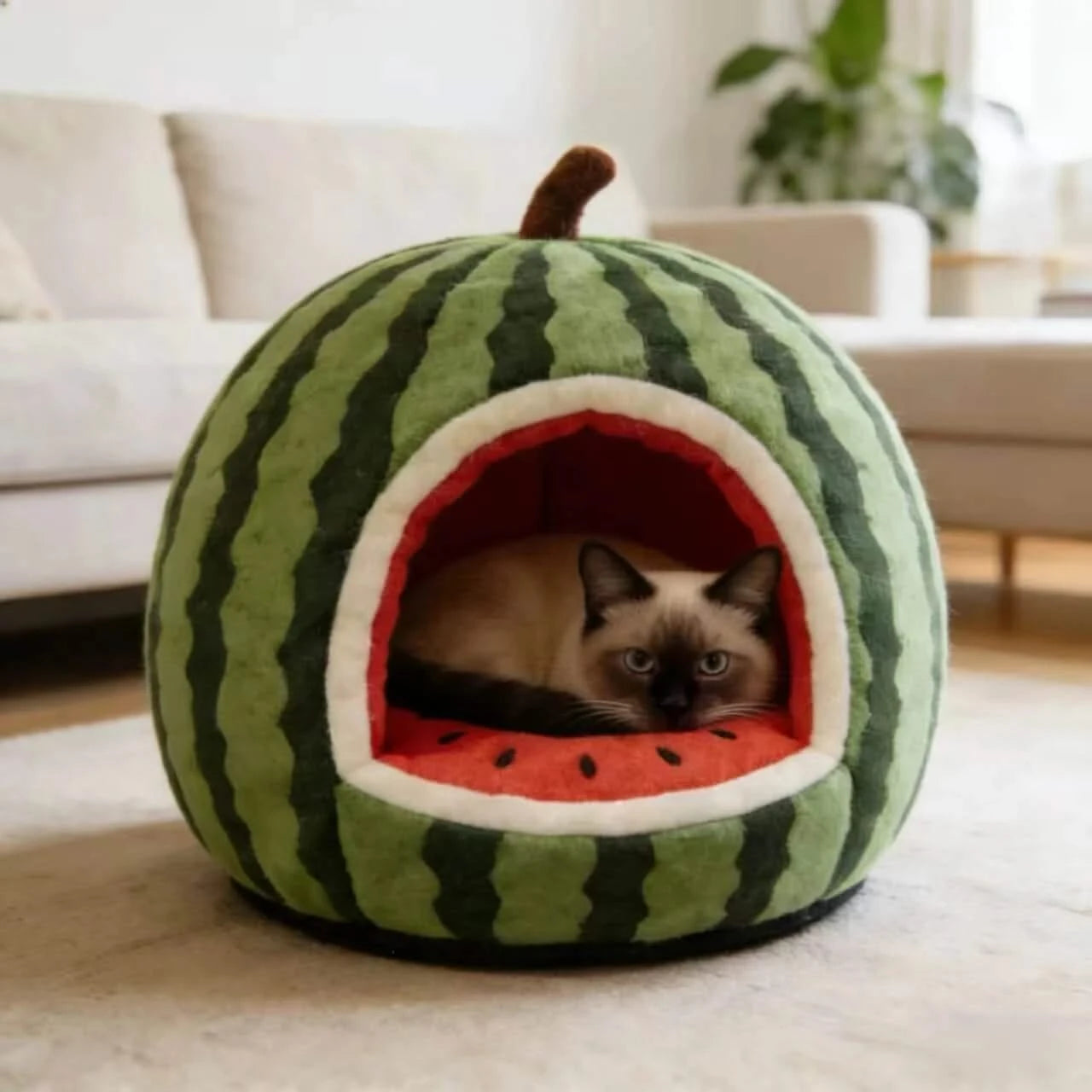 Refreshing Cat Bed, Full Watermelon Design, Soft Plush, Green, Cooling Nest Cave