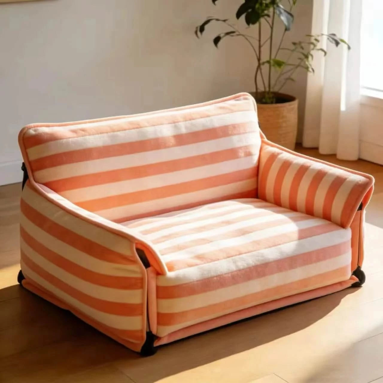 Stylish Pet Sofa for Dogs/Cats, Armchair Shape, Fabric Upholstery, Pink/White Stripe