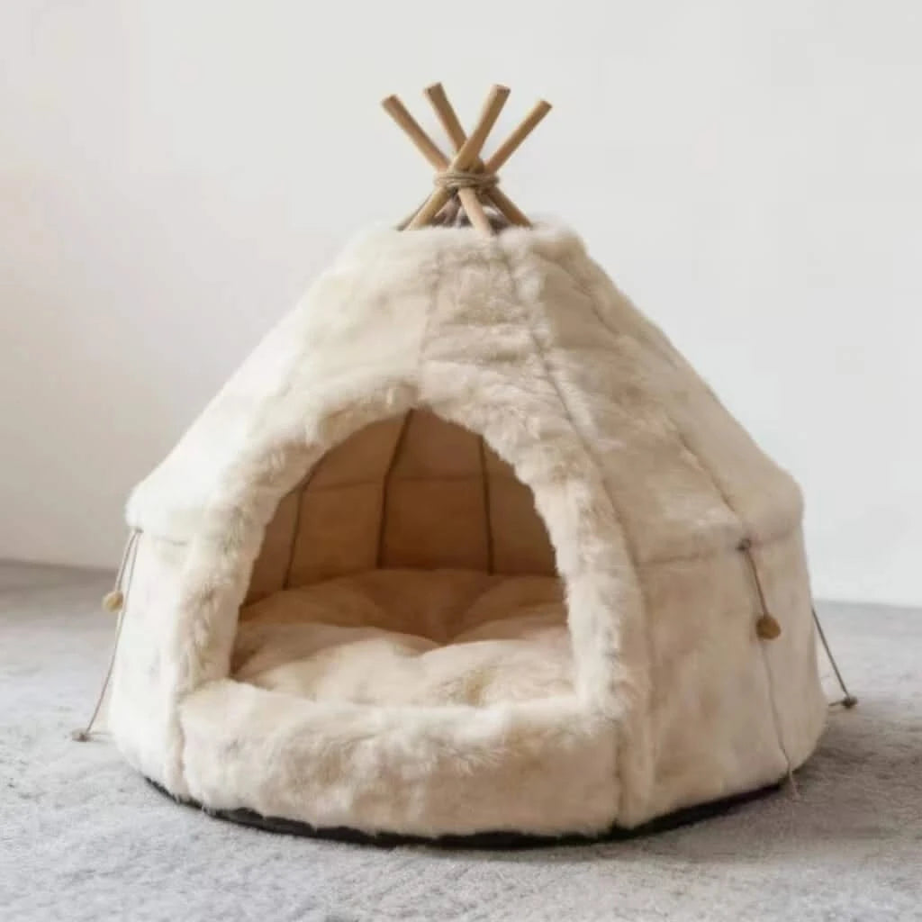 Bohemian Pet Bed for Cats, Tipi Tent Shape, Plush Fabric, White/Cream, Boho-Chic Cave