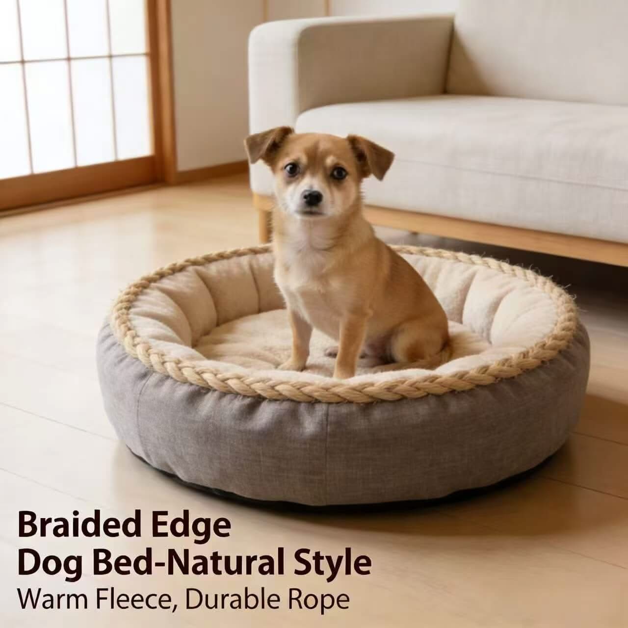 Warm Comfort Pet Bed for Dogs - Gray-Beige, Round, Braided Rope Edge, Warm Fleece