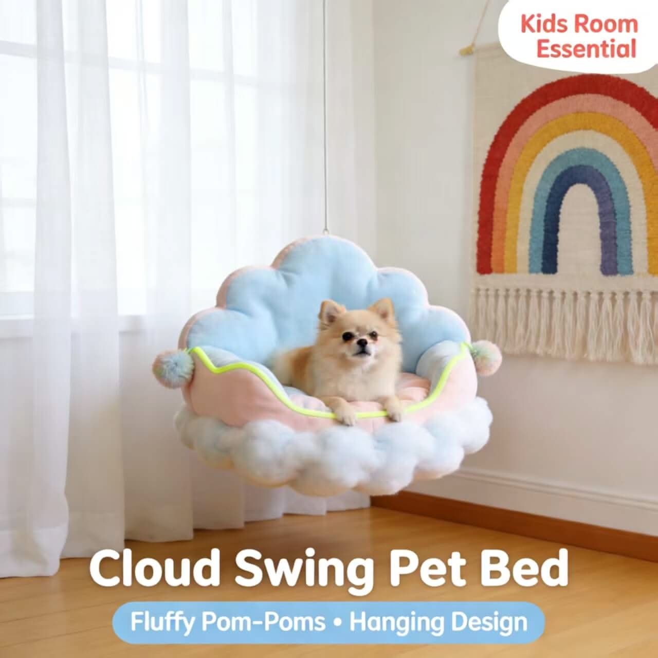 Hanging Cloud-Shape Pet Bed for Dogs/Cats - Pink-Blue, Fluffy Pom-Poms, Kids Room Essential
