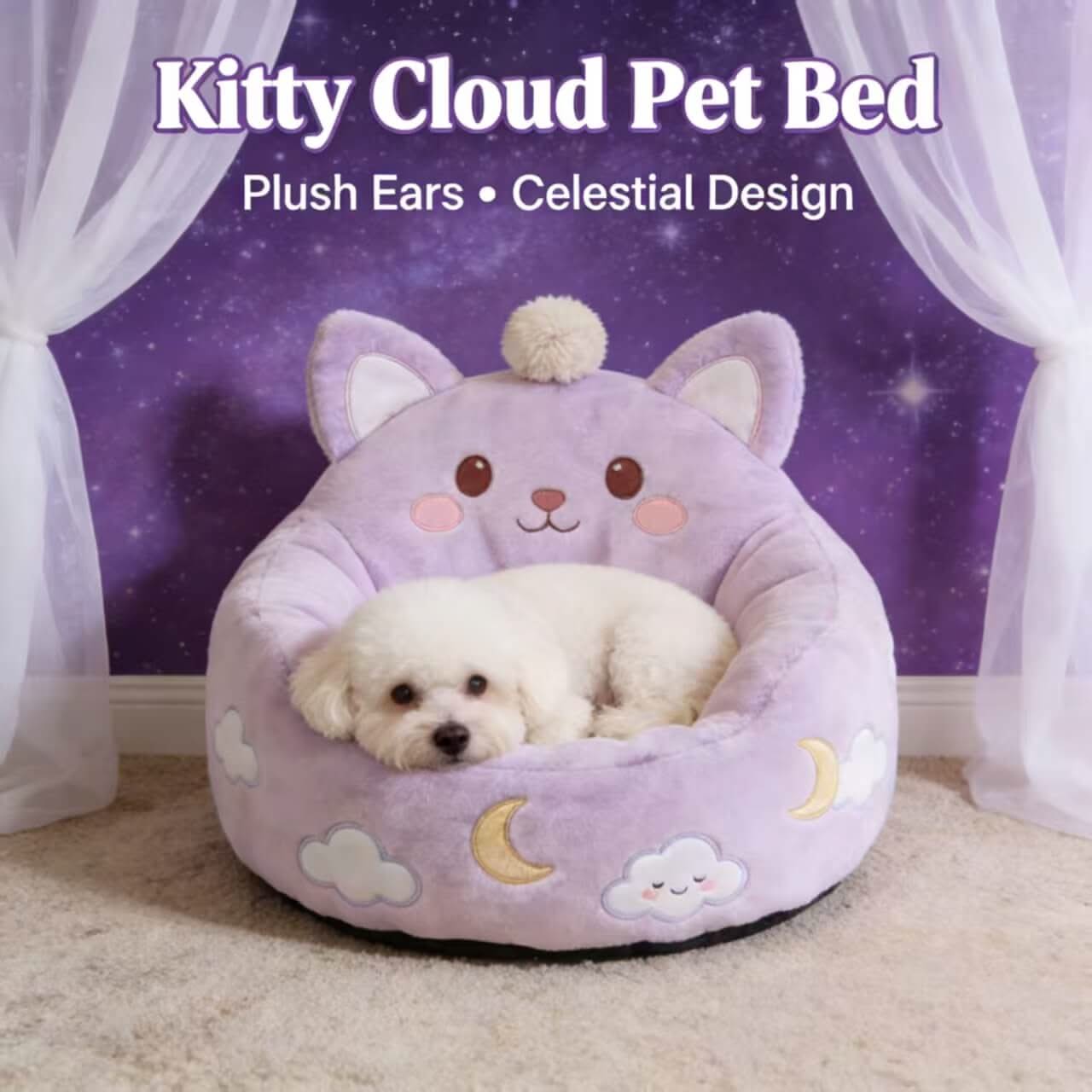 Celestial Kitty-Cloud Pet Bed for Dogs - Purple, Plush Ears, Moon-Cloud Motifs, Pom-Pom Accent