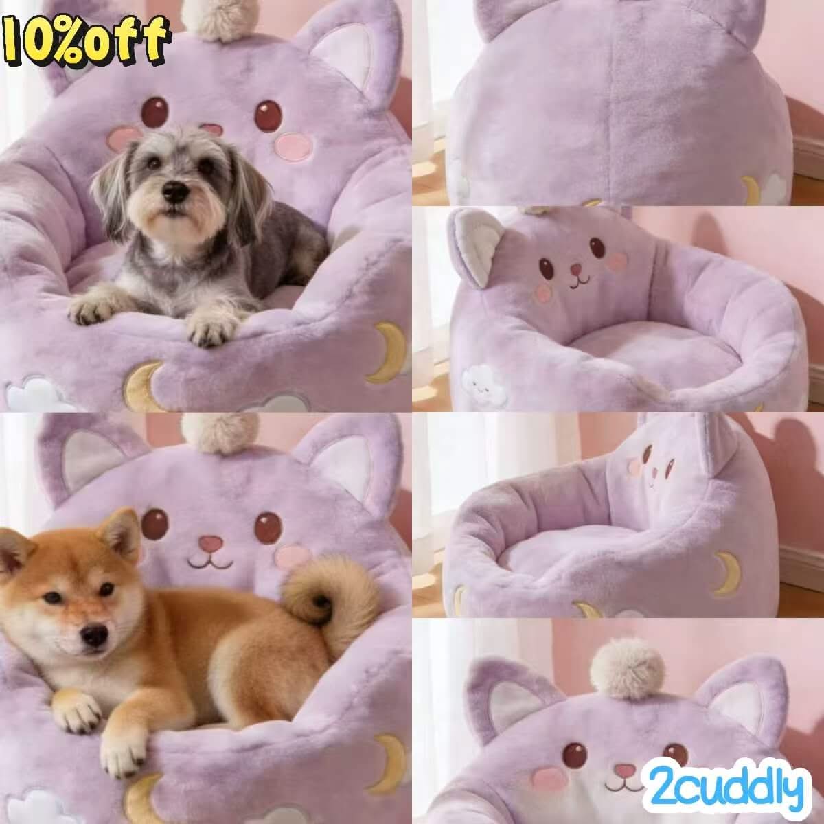 Celestial Kitty-Cloud Pet Bed for Dogs - Purple, Plush Ears, Moon-Cloud Motifs, Pom-Pom Accent