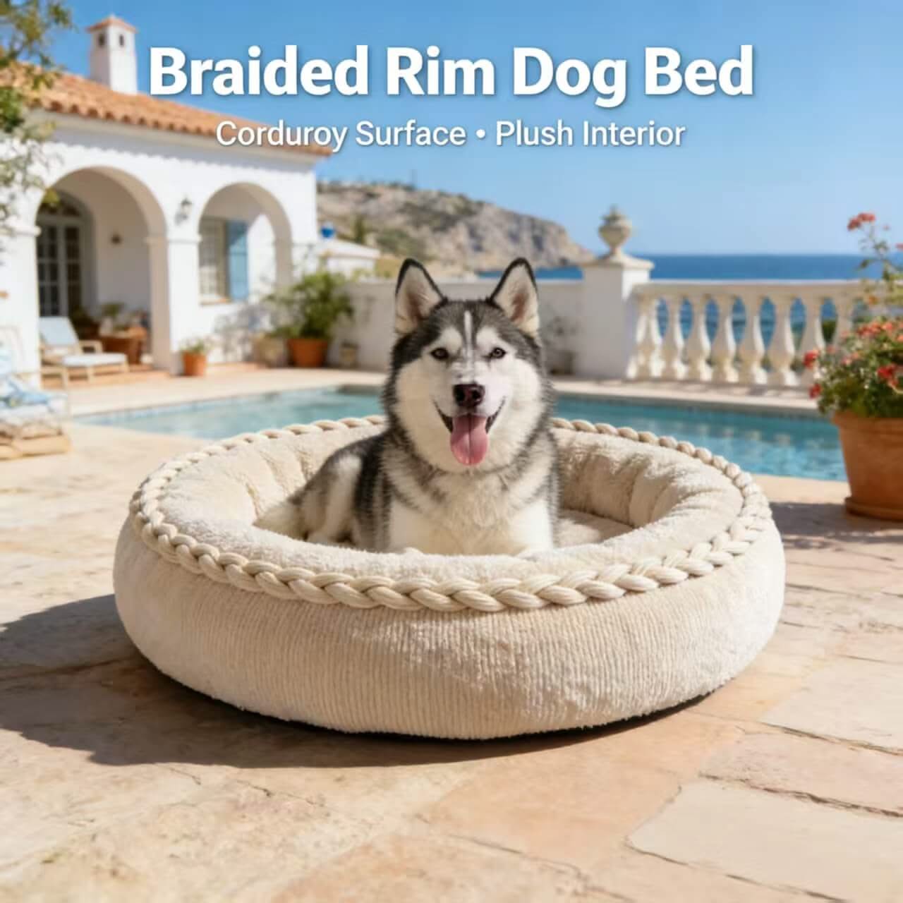 Braided-Rim Pet Bed for Dogs - Beige, Corduroy Surface, Plush Interior