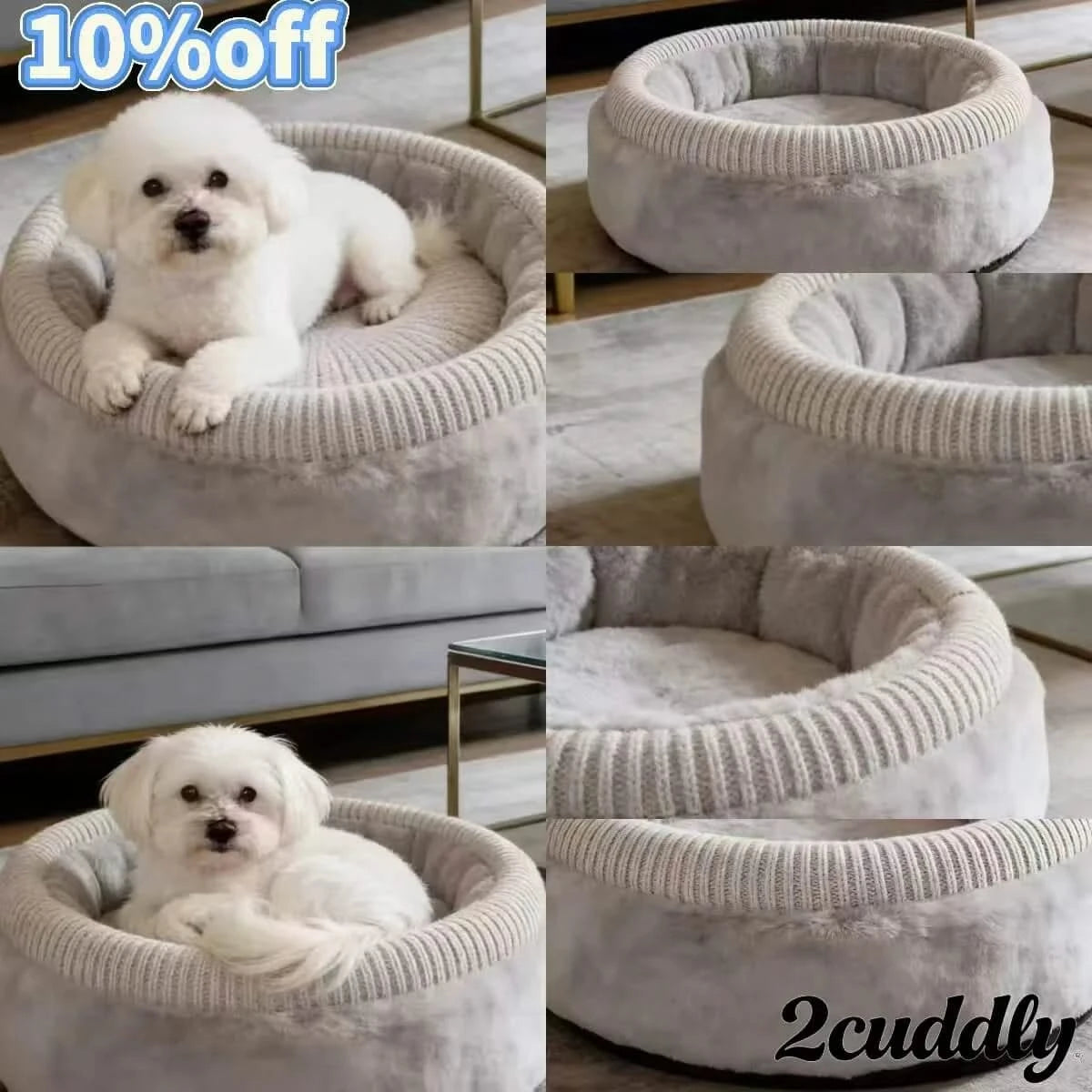 Dog Bed, Cave Type, Luxury Fleece, Gray, Knitted Rim, Modern All-Season Nest