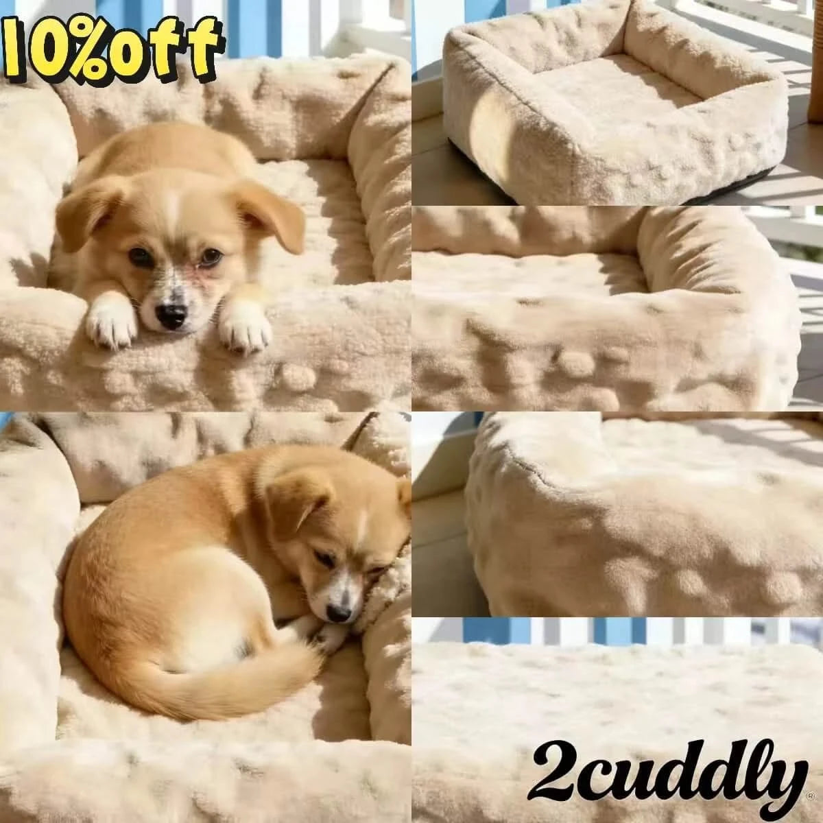 Dog Bed, Square Type, Soft Texture, Beige Dot Pattern, Sunny Relaxation Nest