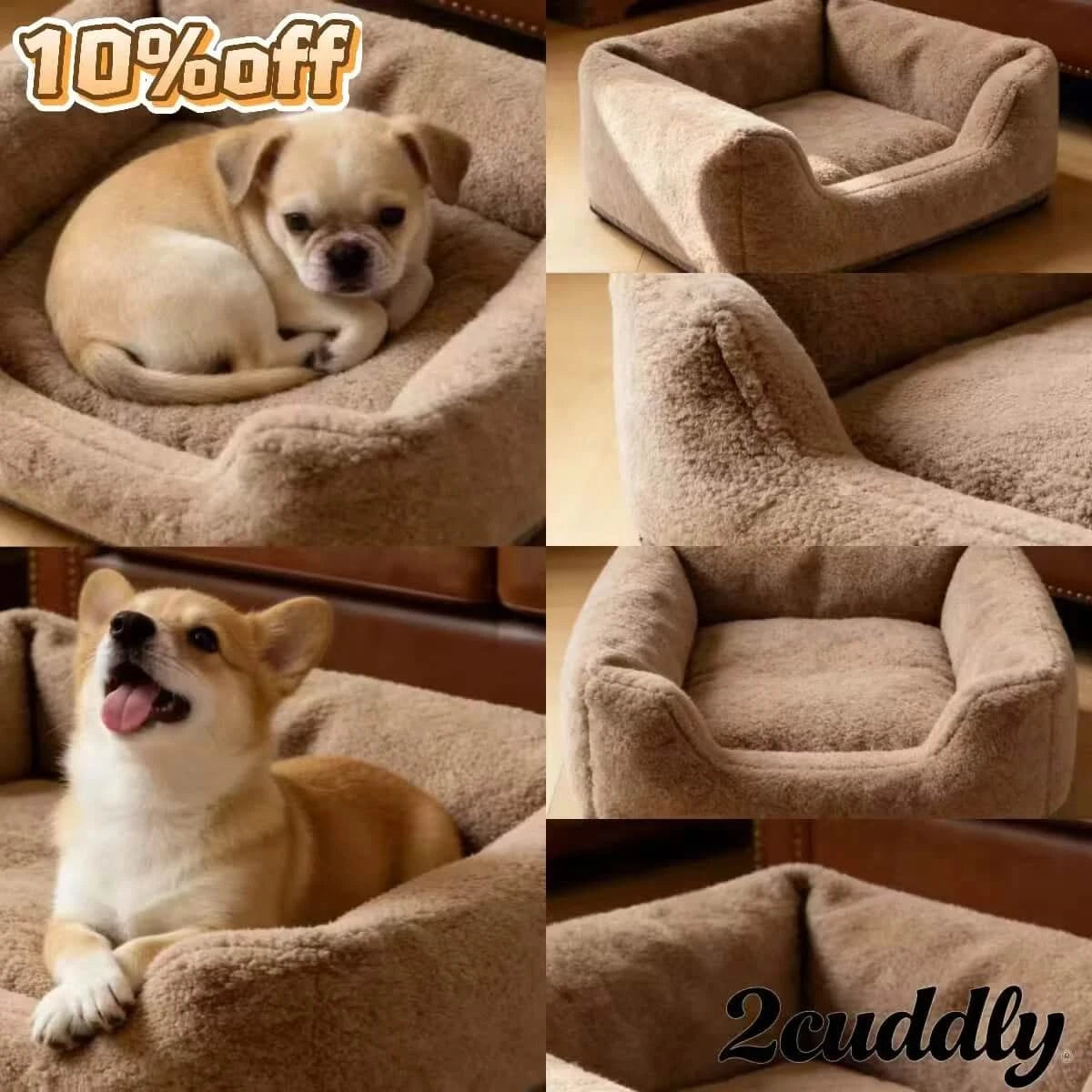 Dog Bed, Square Type, Faux Fur, Beige, Orthopedic Support, Relaxation Spot