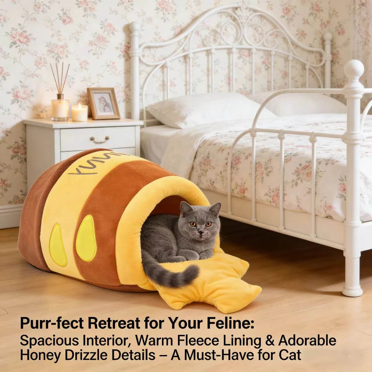 Cat Cave Bed, Honey Pot-Shaped, Yellow/Brown Plush, Small Cat Sleeping Nest